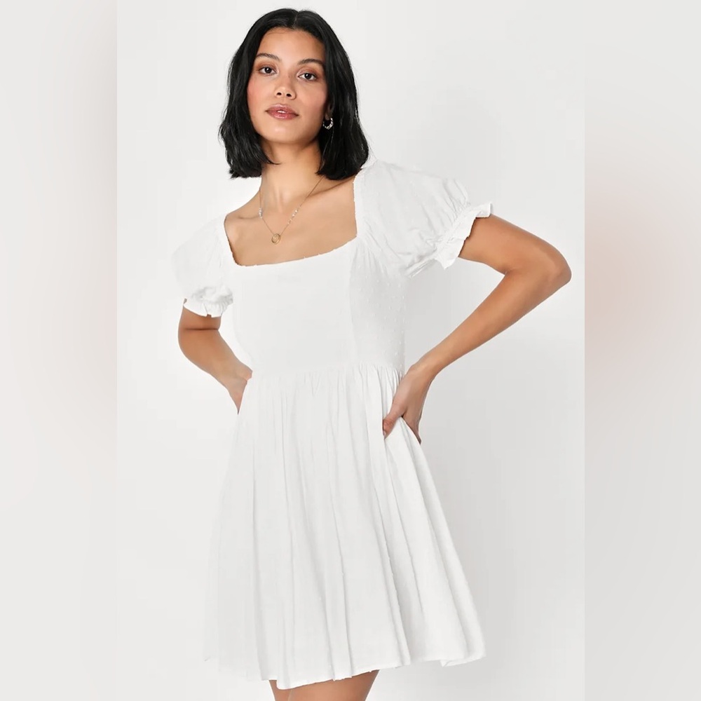 Lulu's Positano Poise White Puff Sleeve Swiss Dot Mini Dress Square Neck